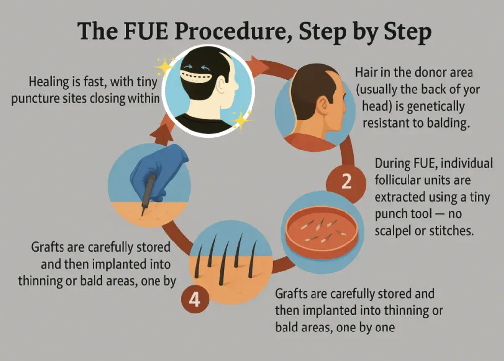Fine hair follicle extraction and implantation process for hair restoration.