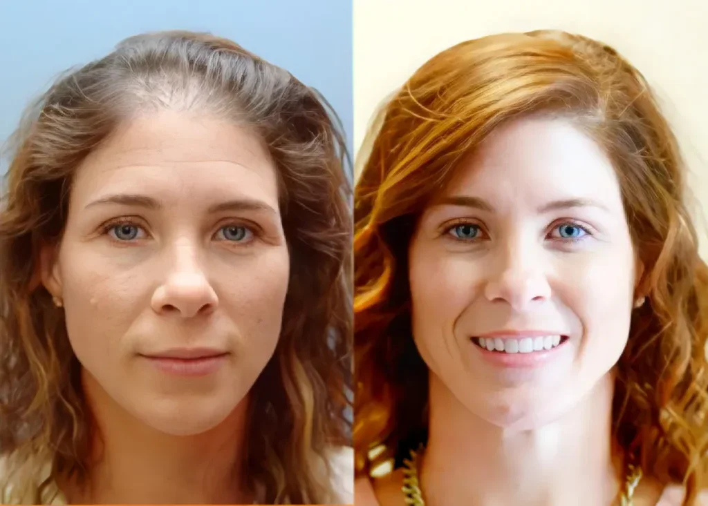 Thinning hair transformation in women before and after hair transplant.